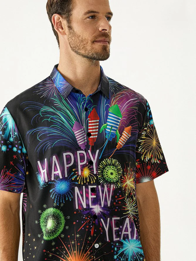 Tall Size Moisture-wicking Happy New Year Chest Pocket Holiday Shirt