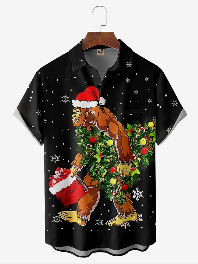 Tall Size Moisture-wicking Christmas Bigfoot Chest Pocket Hawaiian Shirt