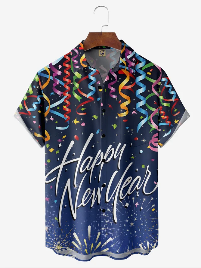 Tall Size Moisture-wicking Happy New Year Chest Pocket Hawaiian Shirt