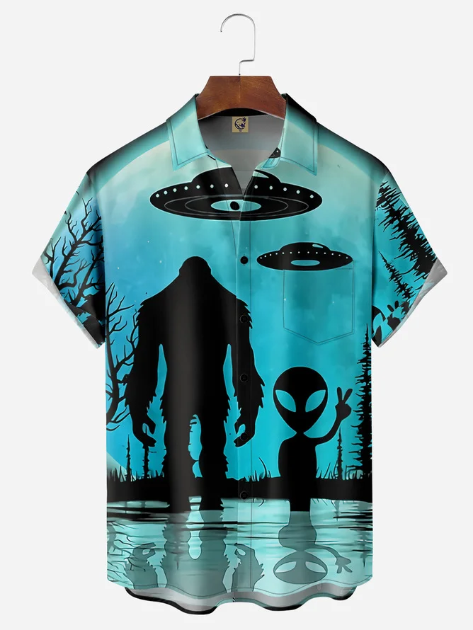 Tall Size Moisture-wicking Alien Bigfoot Chest Pocket Casual Shirt