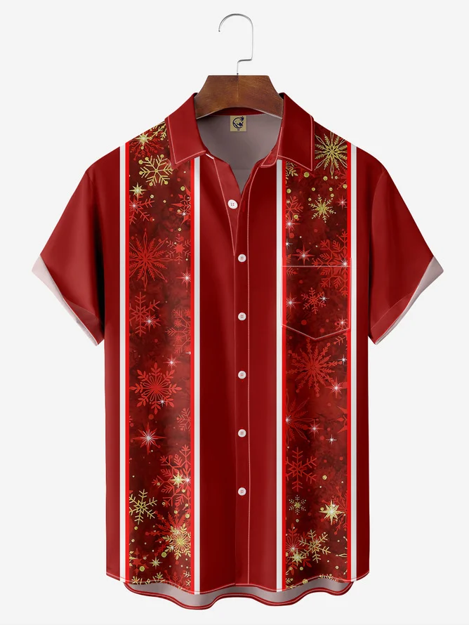 Tall Size Moisture-wicking Christmas Snowflower Chest Pocket Bowling Shirt