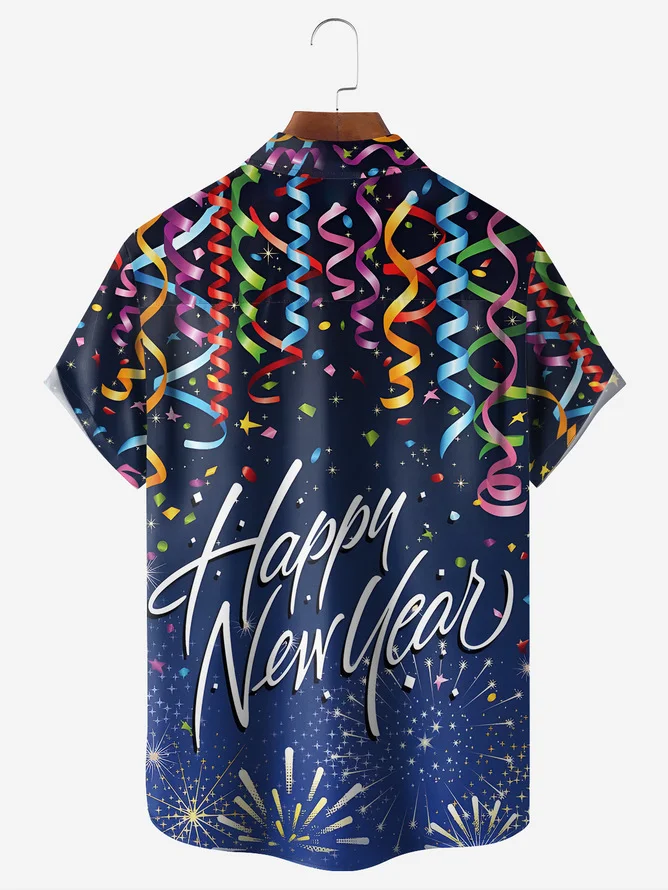 Tall Size Moisture-wicking Happy New Year Chest Pocket Hawaiian Shirt