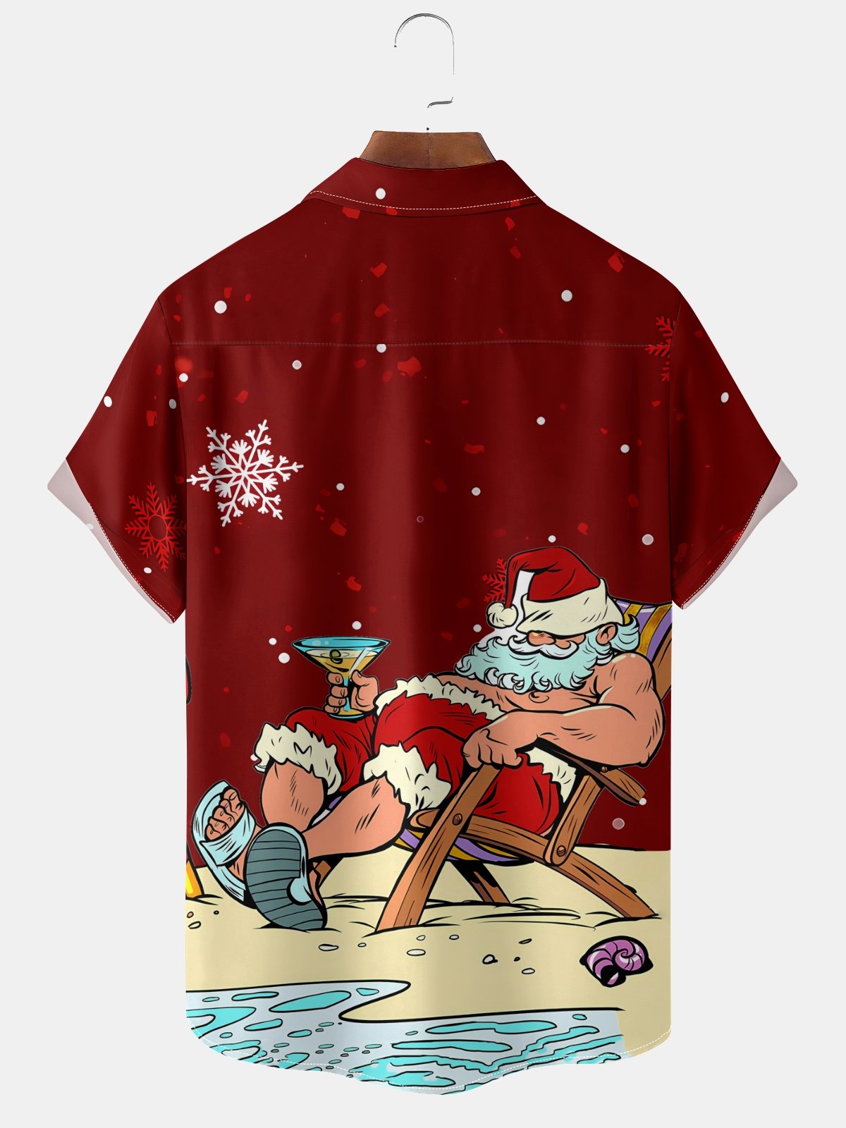 Moisture-wicking Christmas Santa Claus On the Beach Chest Pocket Holiday Shirt