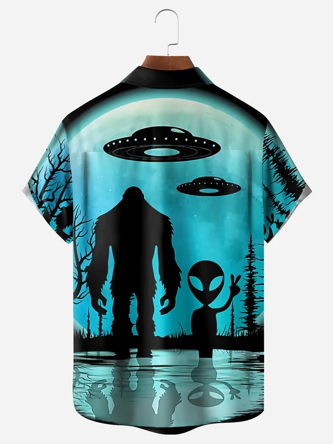 Tall Size Moisture-wicking Alien Bigfoot Chest Pocket Casual Shirt