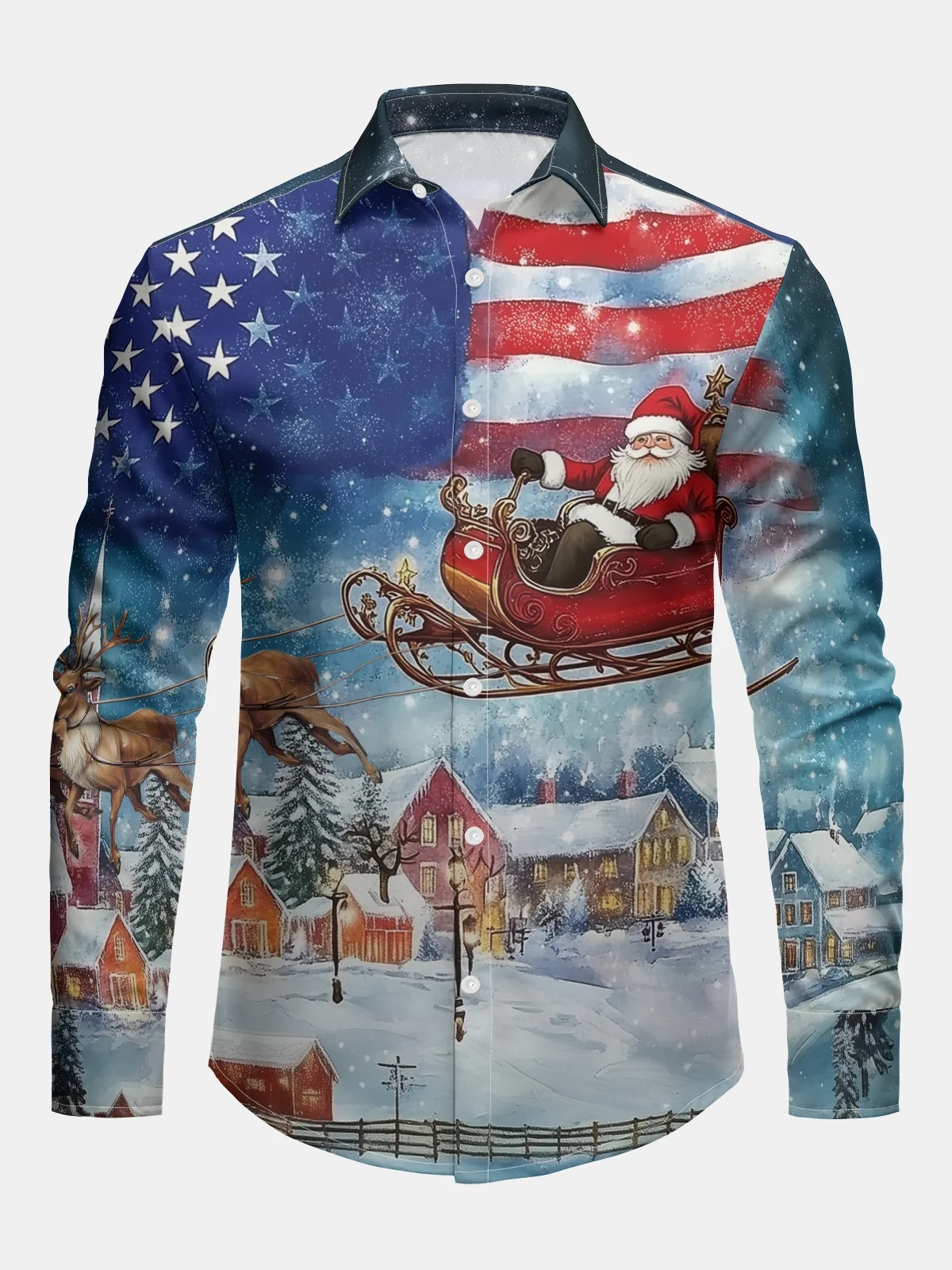 Christmas Santa Claus American Flag Long Sleeve Casual Dress Shirt