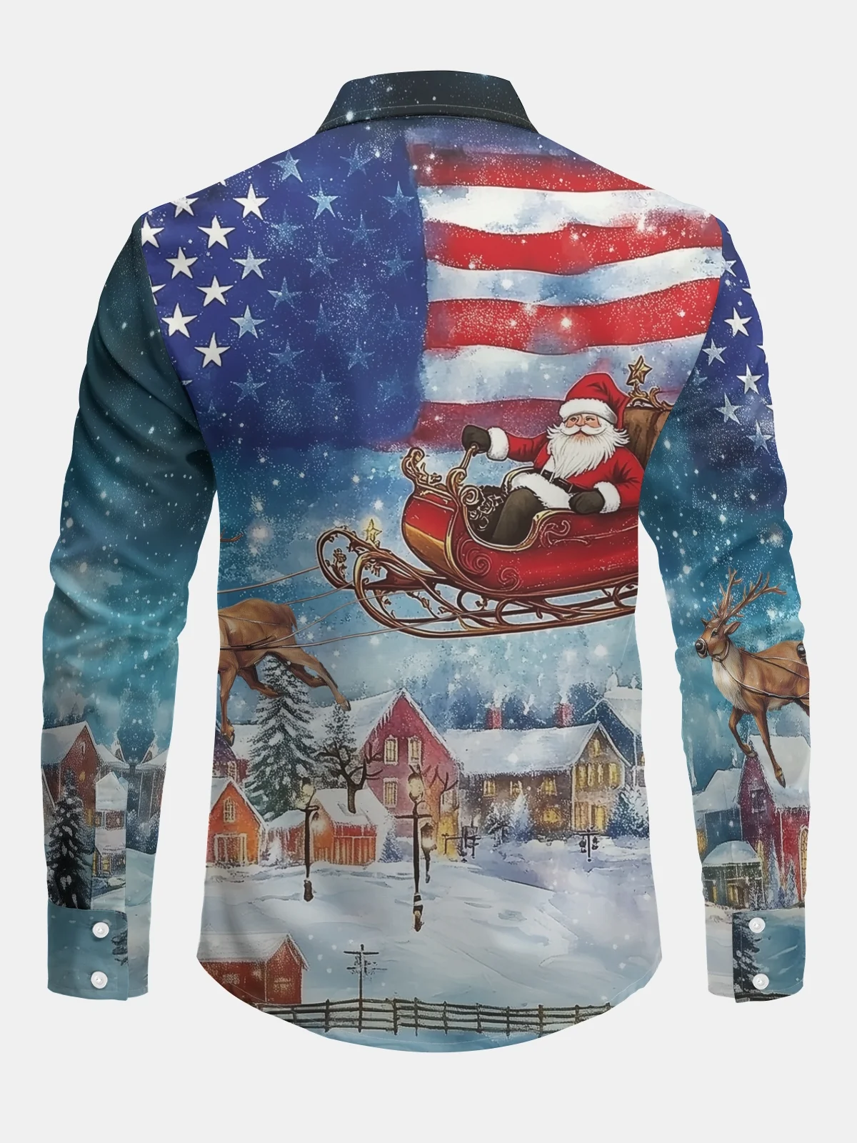 Christmas Santa Claus American Flag Long Sleeve Casual Dress Shirt