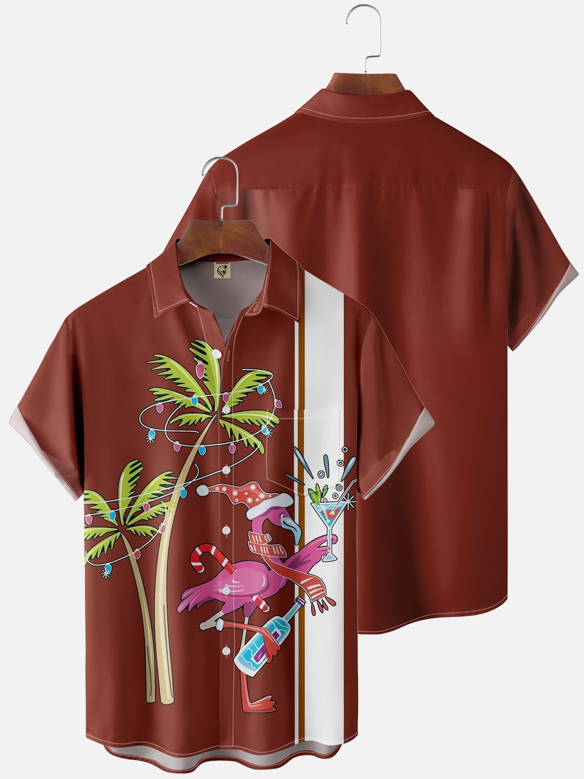 Moisture Wicking Christmas Flamingo Chest Pocket Casual Shirt