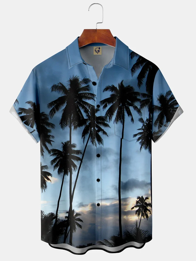 Hardaddy Holiday Style Hawaii Series Gradient Landscape Plant Coconut Tree Element Pattern Lapel Short-Sleeved Chest Pocket Shirt Printed Top