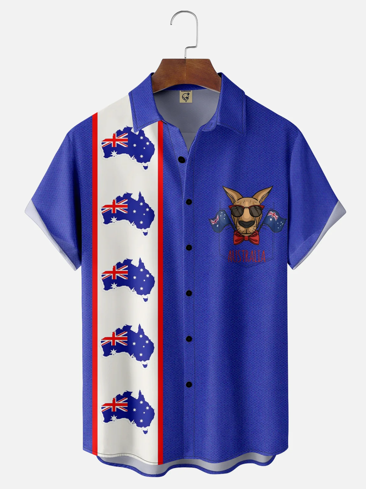 Moisture-wicking Australia Day Kangaroo Blue Chest Pocket Bowling Shirt