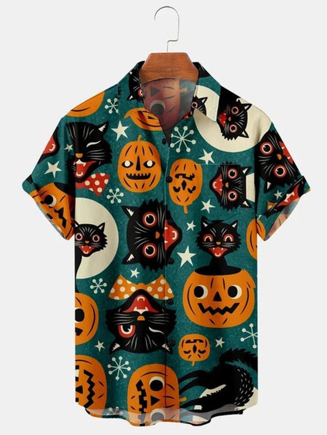 Men's Halloween Pumpkin Cat Print Casual Breathable Short Sleeve Shirt