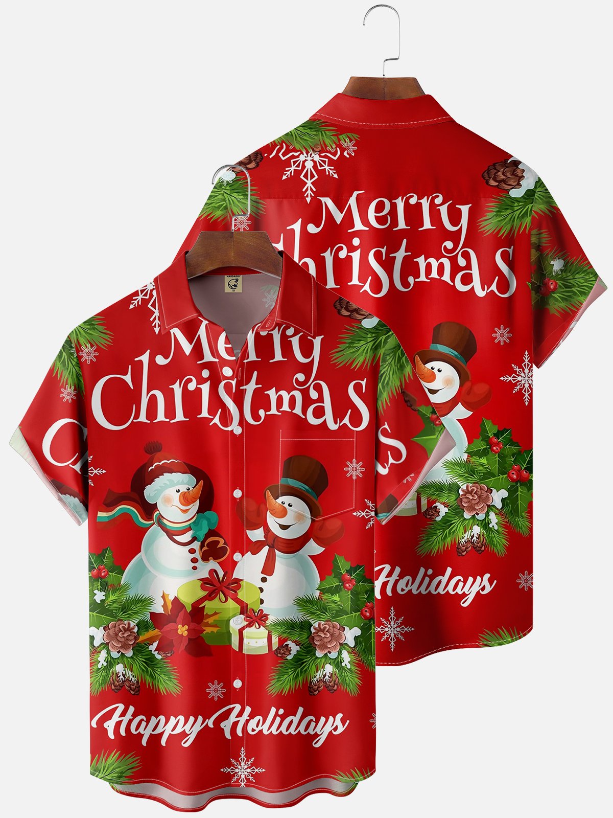 Moisture Wicking Christmas Snowman Chest Pocket Casual Shirt