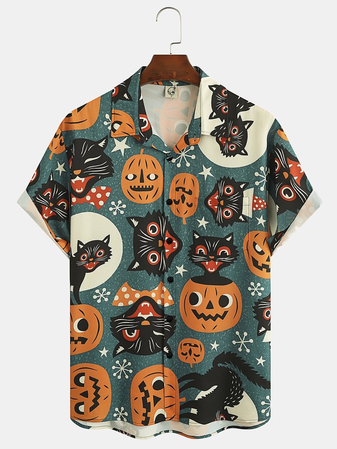 Men's Halloween Pumpkin Cat Print Casual Breathable Short Sleeve Shirt