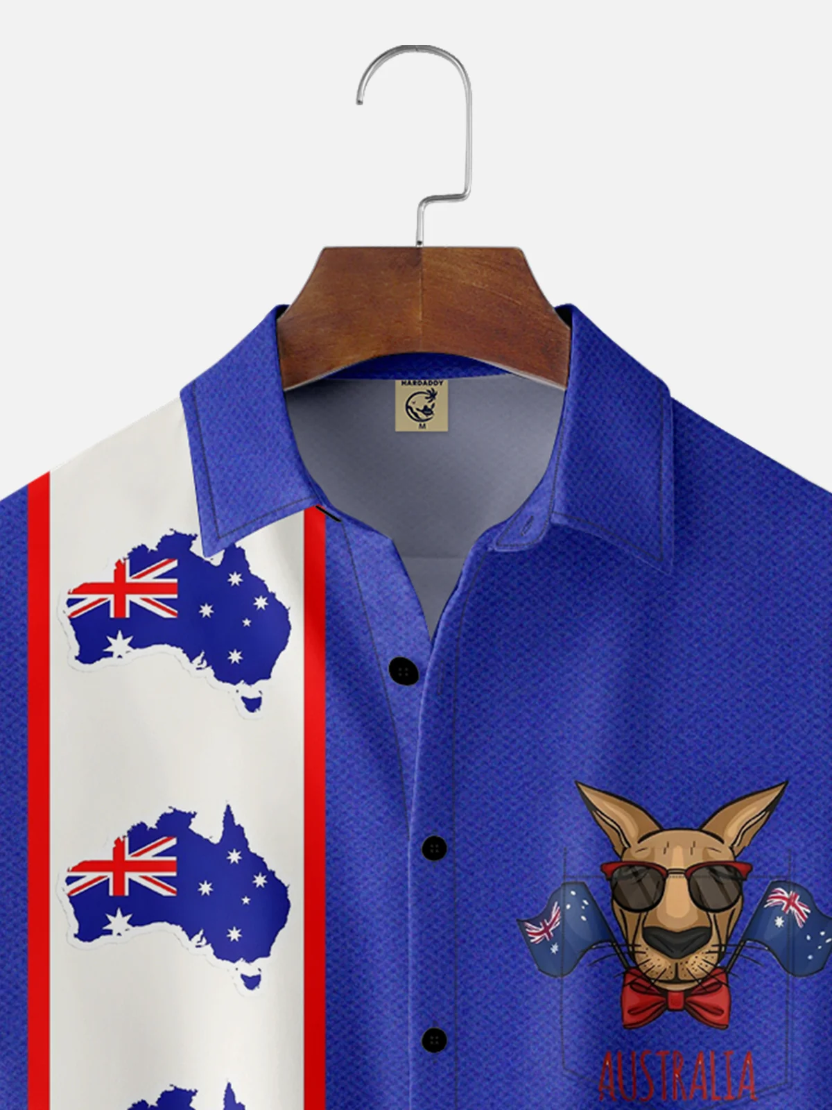 Moisture-wicking Australia Day Kangaroo Blue Chest Pocket Bowling Shirt