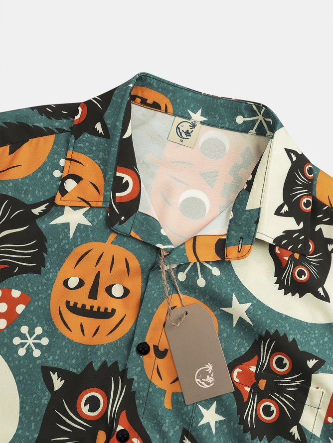 Men's Halloween Pumpkin Cat Print Casual Breathable Short Sleeve Shirt