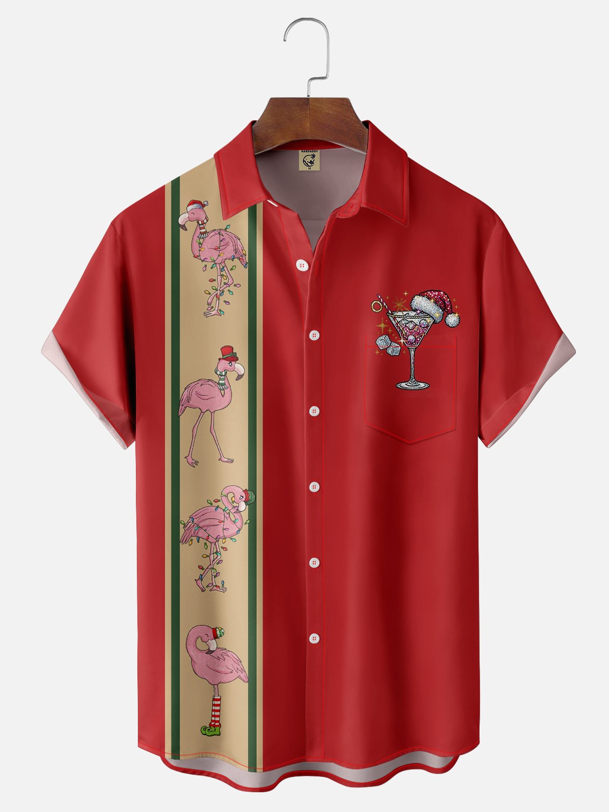 Moisture-wicking Christmas Flamingo Santa Hat Chest Pocket Bowling Shirt