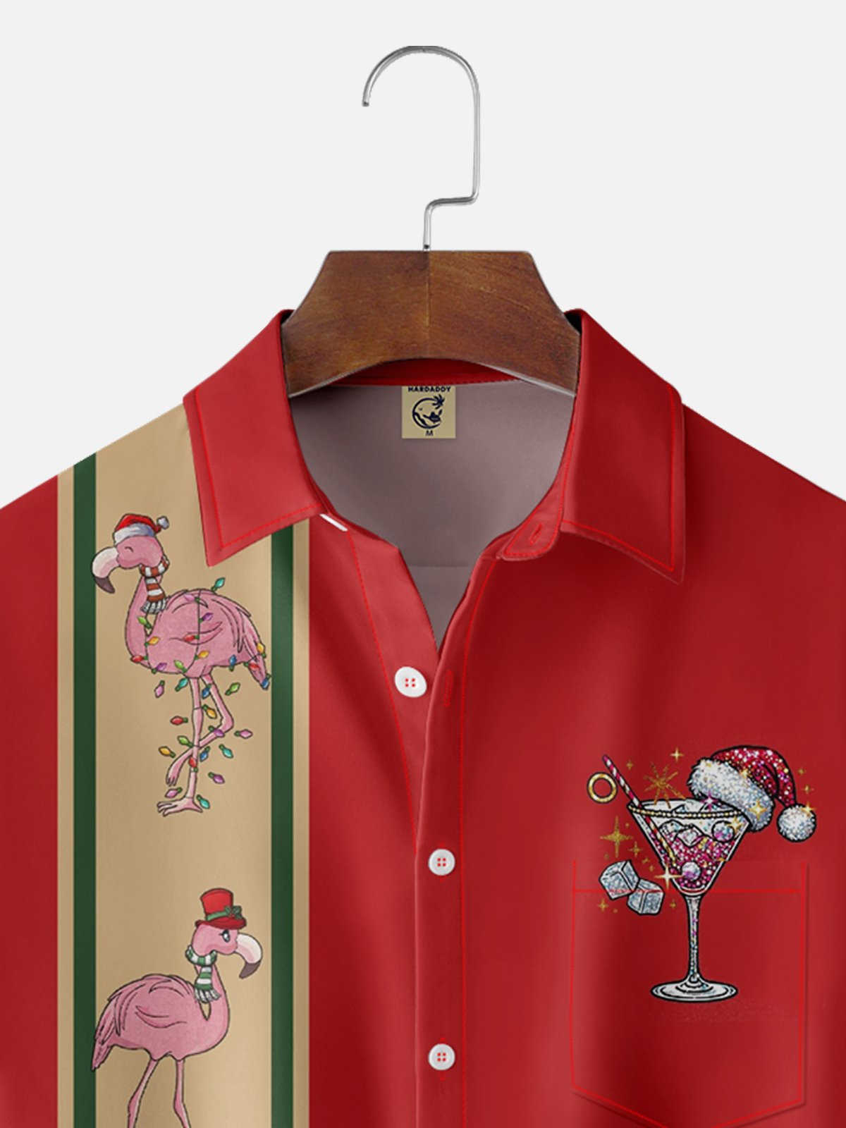 Moisture-wicking Christmas Flamingo Santa Hat Chest Pocket Bowling Shirt