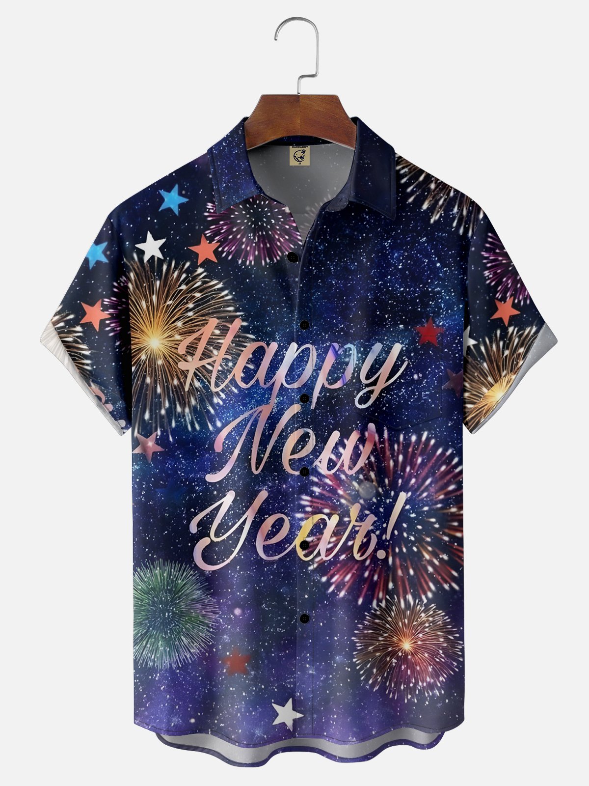 Moisture-wicking Happy New Year Fireworks Chest Pocket Casual Shirt