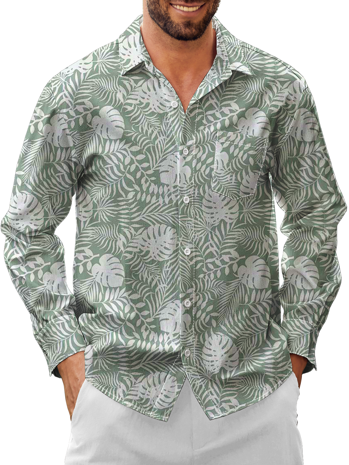 Moisture Wicking Floral Chest Pocket Long Sleeve Casual Shirt