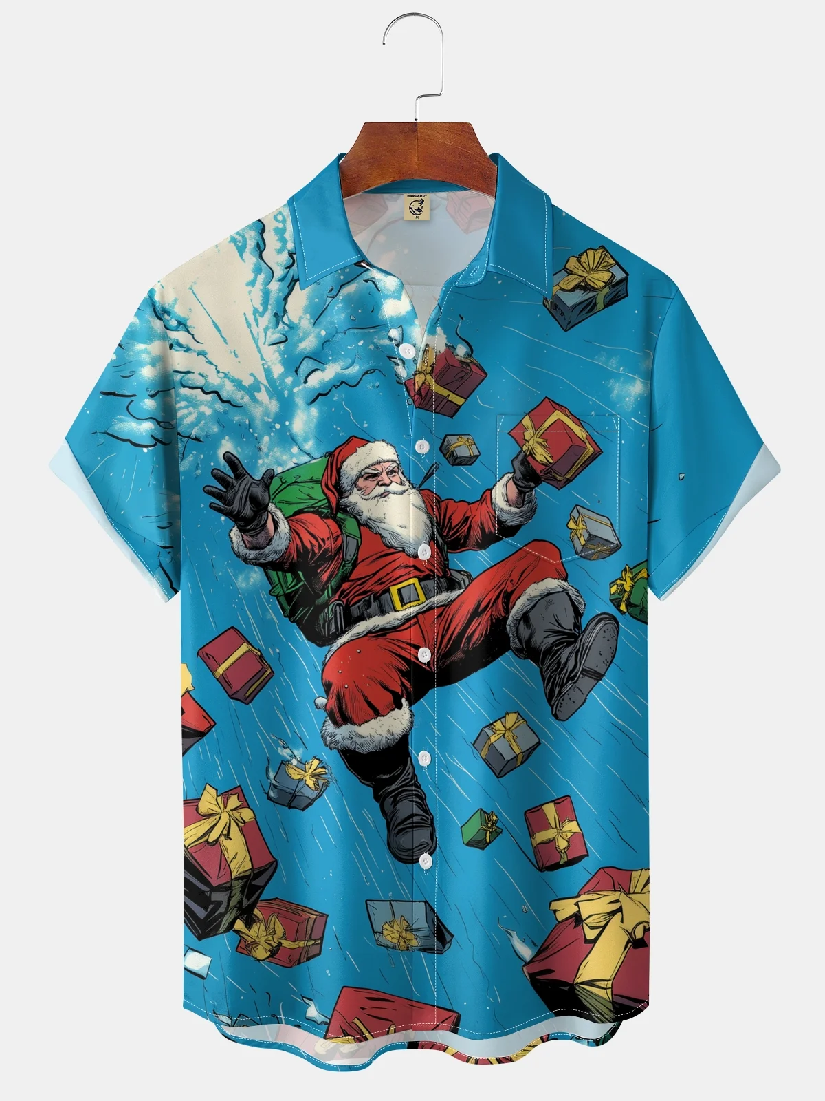 Moisture-wicking Christmas Santa Claus Chest Pocket Casual Shirt