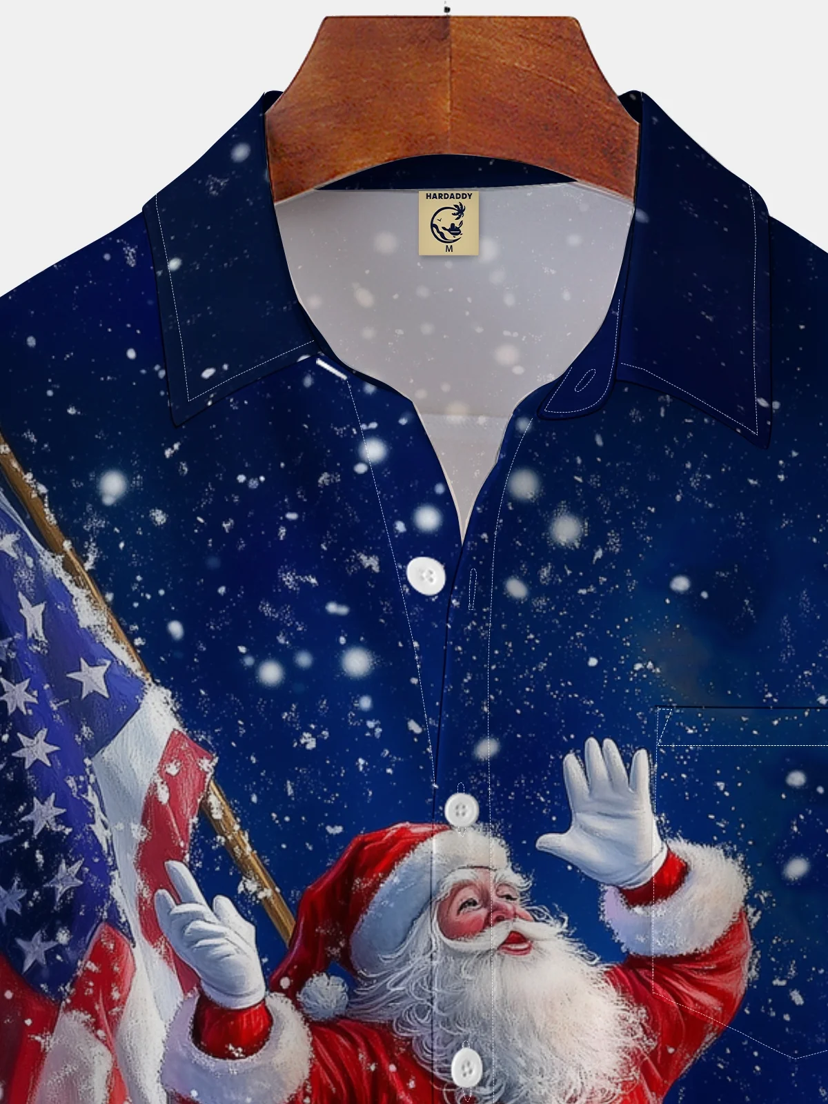 Moisture-wicking American Flag Christmas Santa Chest Pocket Patriotic Shirt