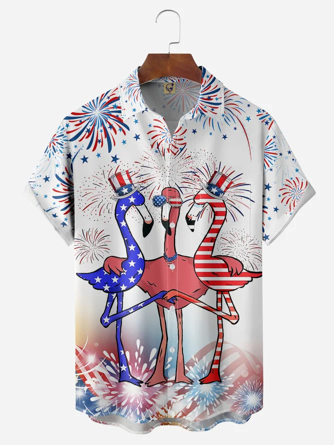 Tall Size Moisture-wicking American Flag Flamingo Chest Pocket Patriotic Shirt