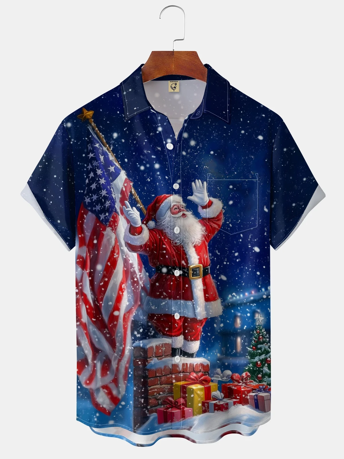 Moisture-wicking American Flag Christmas Santa Chest Pocket Patriotic Shirt