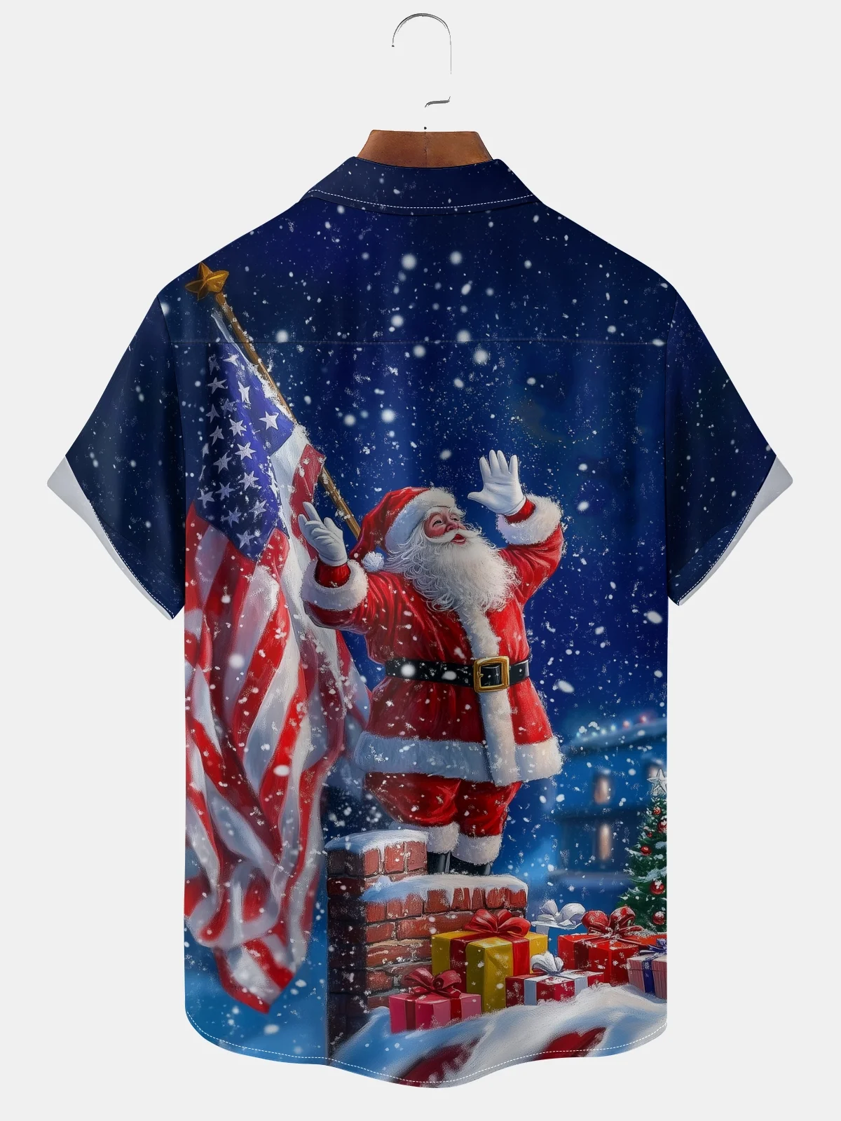 Moisture-wicking American Flag Christmas Santa Chest Pocket Patriotic Shirt