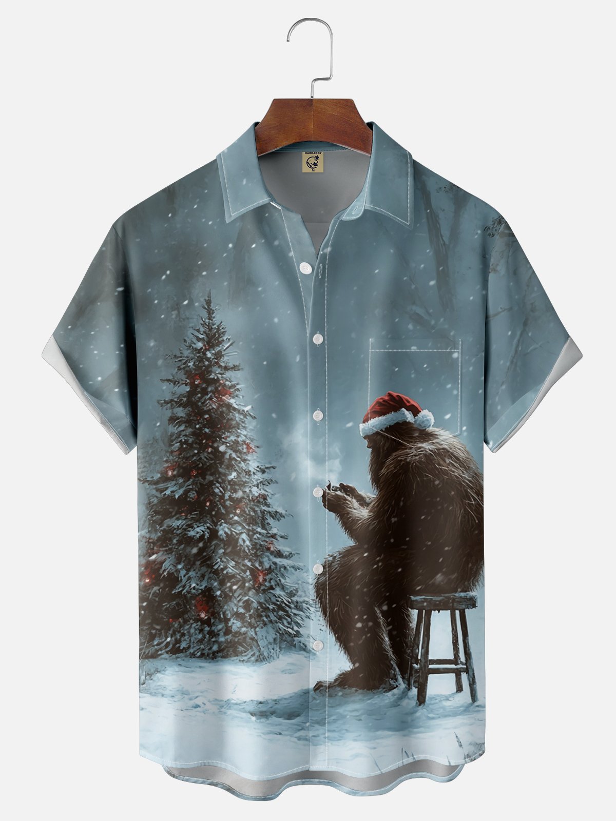 Moisture-wicking Christmas Forest Bigfoot Chest Pocket Hawaiian Shirt