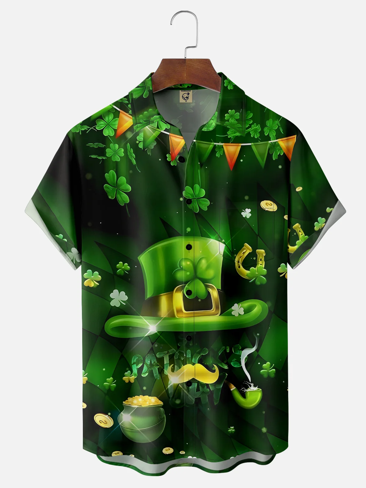 Moisture-wicking St. Patrick's Day Four Leaf Clover Green Hat Chest Pocket Hawaiian Shirt