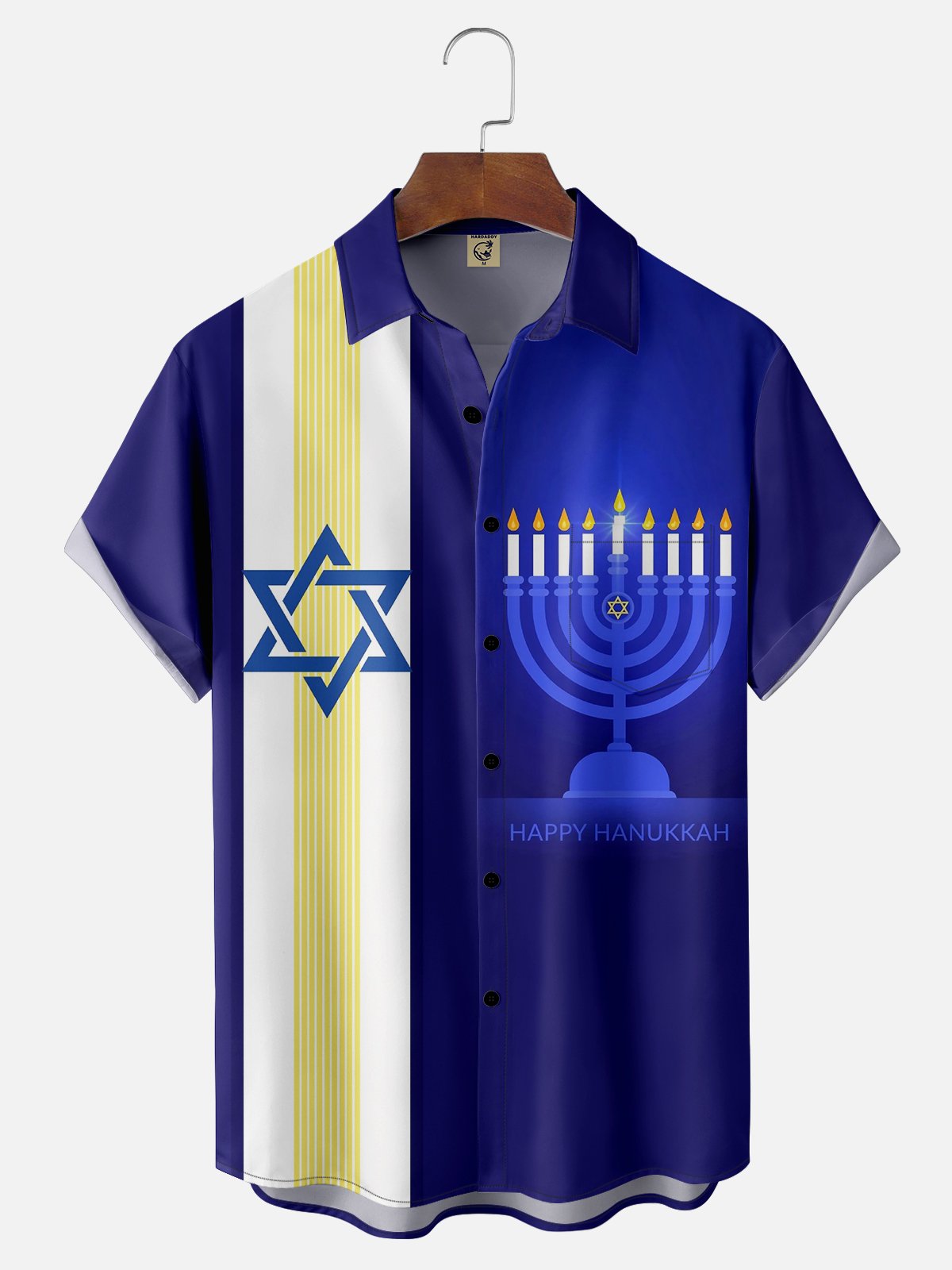 Moisture-wicking Hanukkah Candle Six-pointed Star Chest Pocket Bowling Shirt