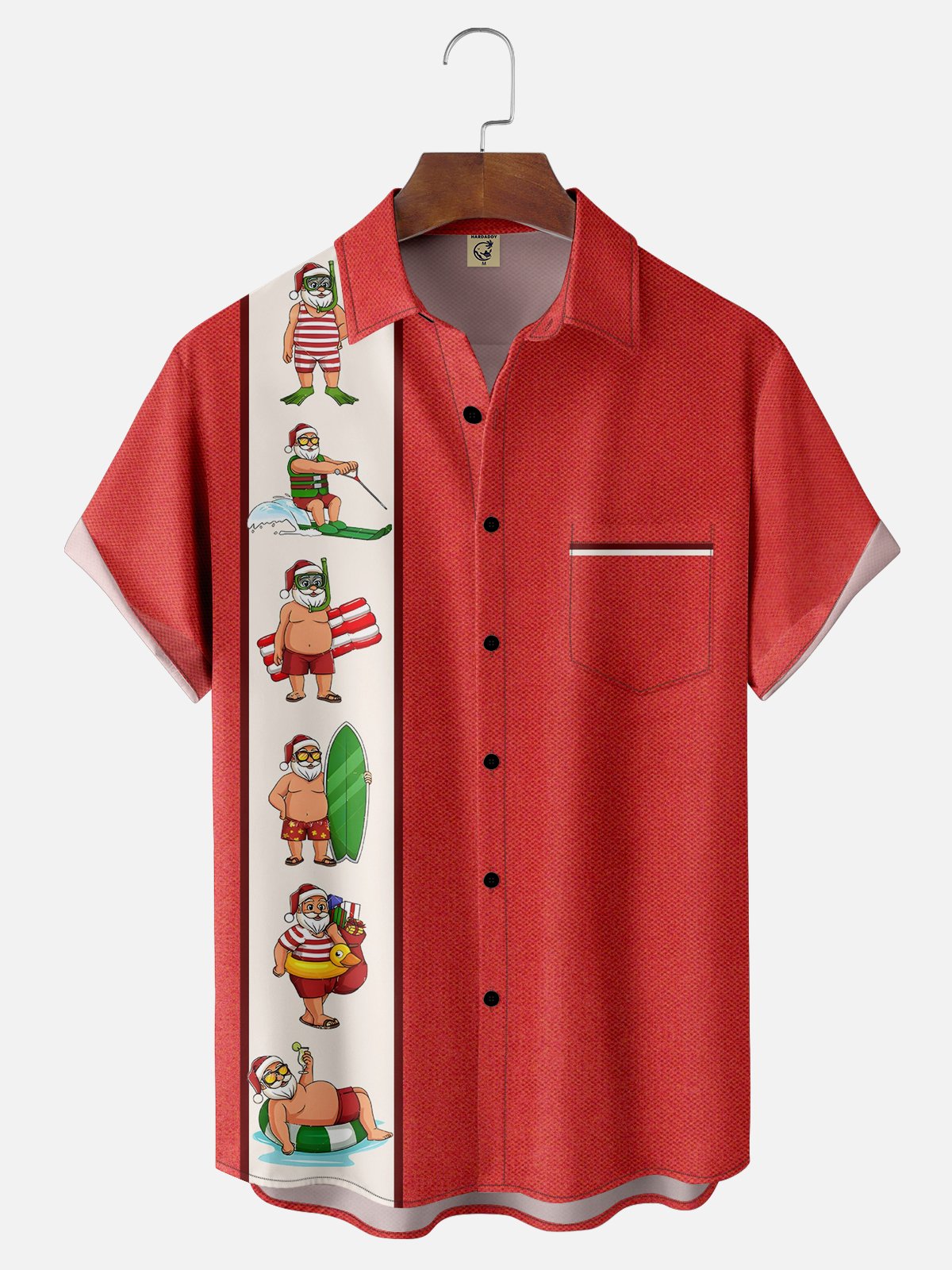 Moisture-wicking Christmas Fun Santa Chest Pocket Bowling Shirt