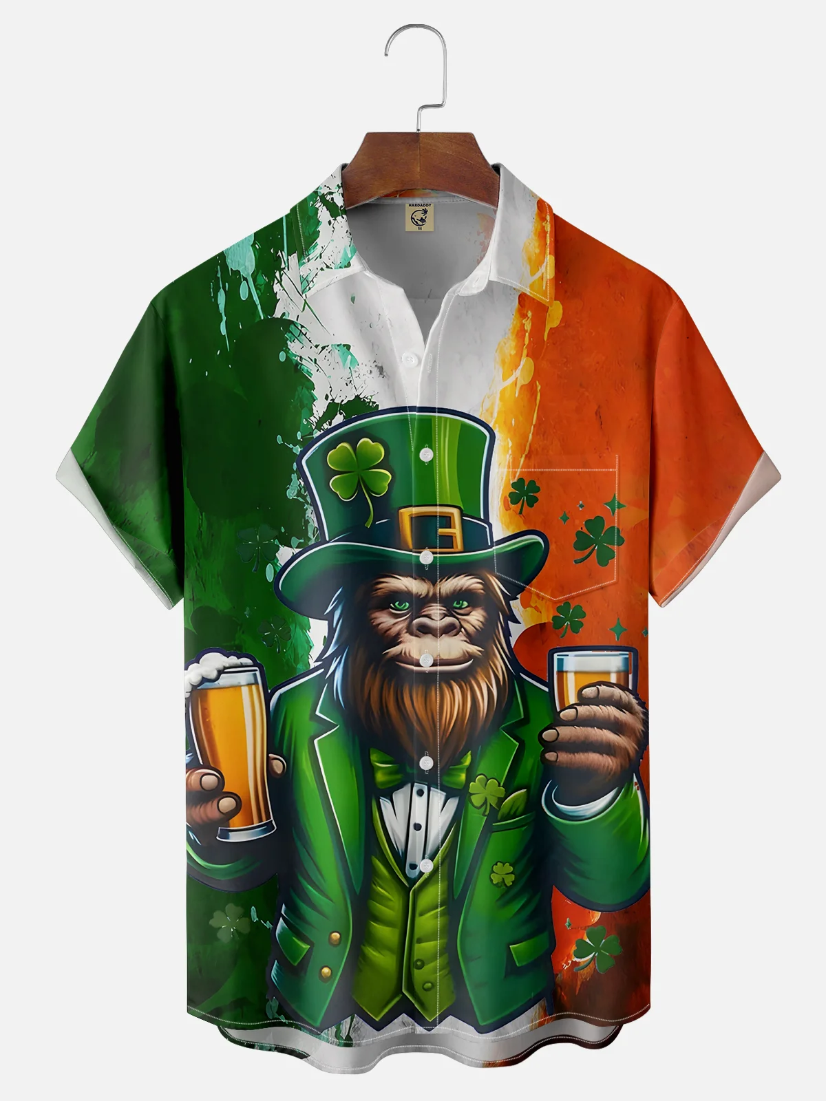 Moisture-wicking St. Patrick's Day Bigfoot and Beer Chest Pocket Hawaiian Shirt