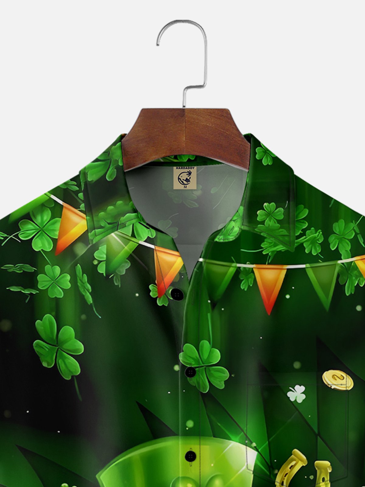 Moisture-wicking St. Patrick's Day Four Leaf Clover Green Hat Chest Pocket Hawaiian Shirt