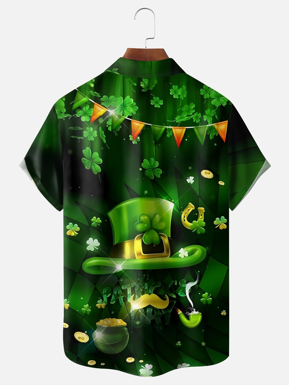 Moisture-wicking St. Patrick's Day Four Leaf Clover Green Hat Chest Pocket Hawaiian Shirt