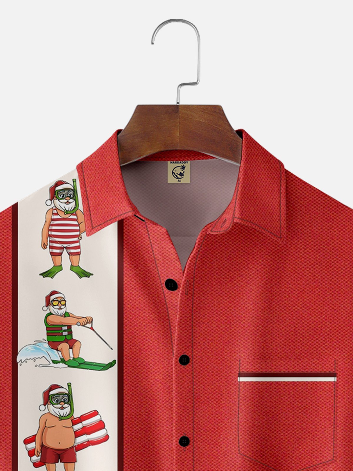 Moisture-wicking Christmas Fun Santa Chest Pocket Bowling Shirt