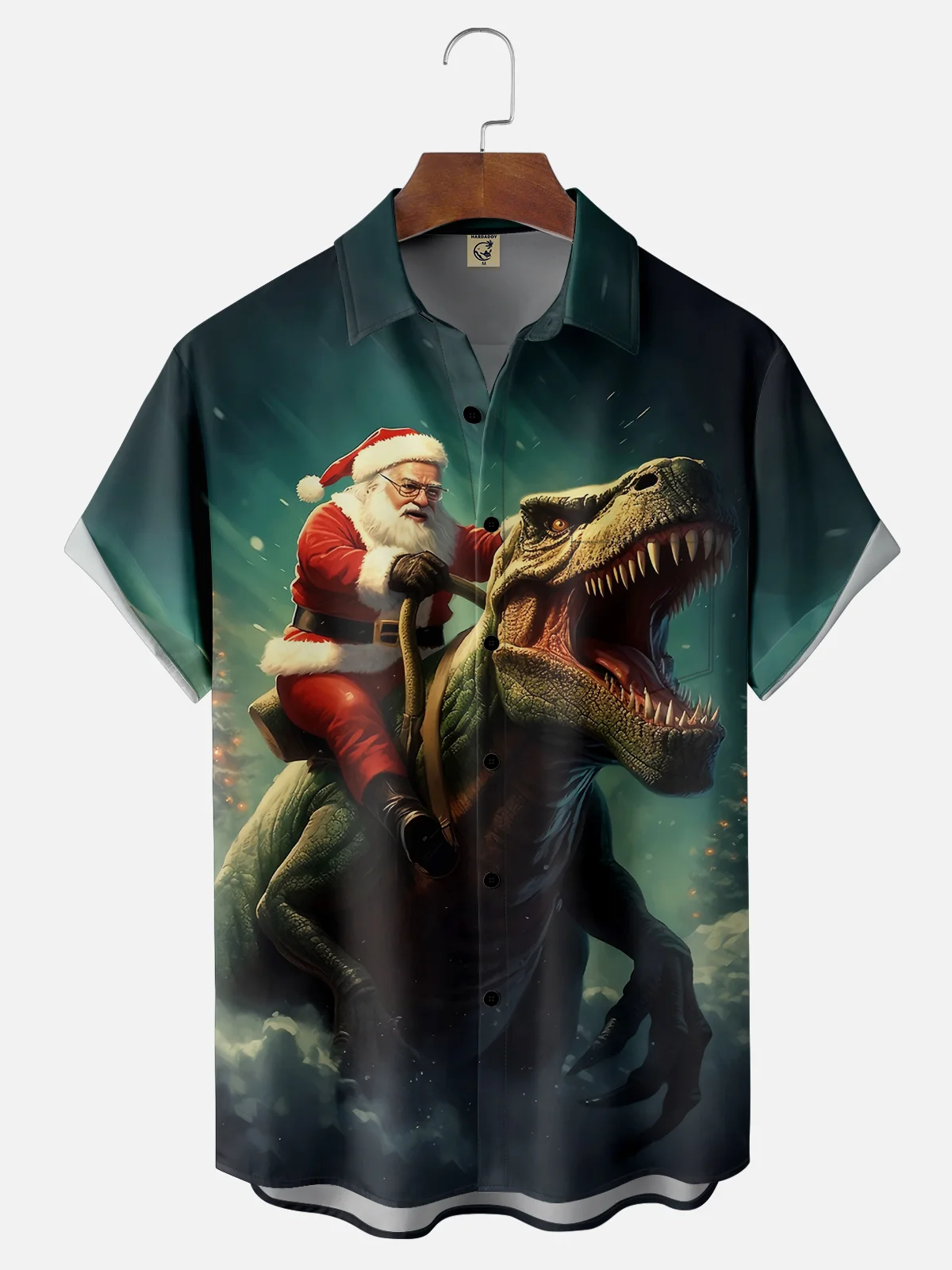 Tall Size Moisture-wicking Christmas Santa Dinosaur Chest Pocket Casual Shirt