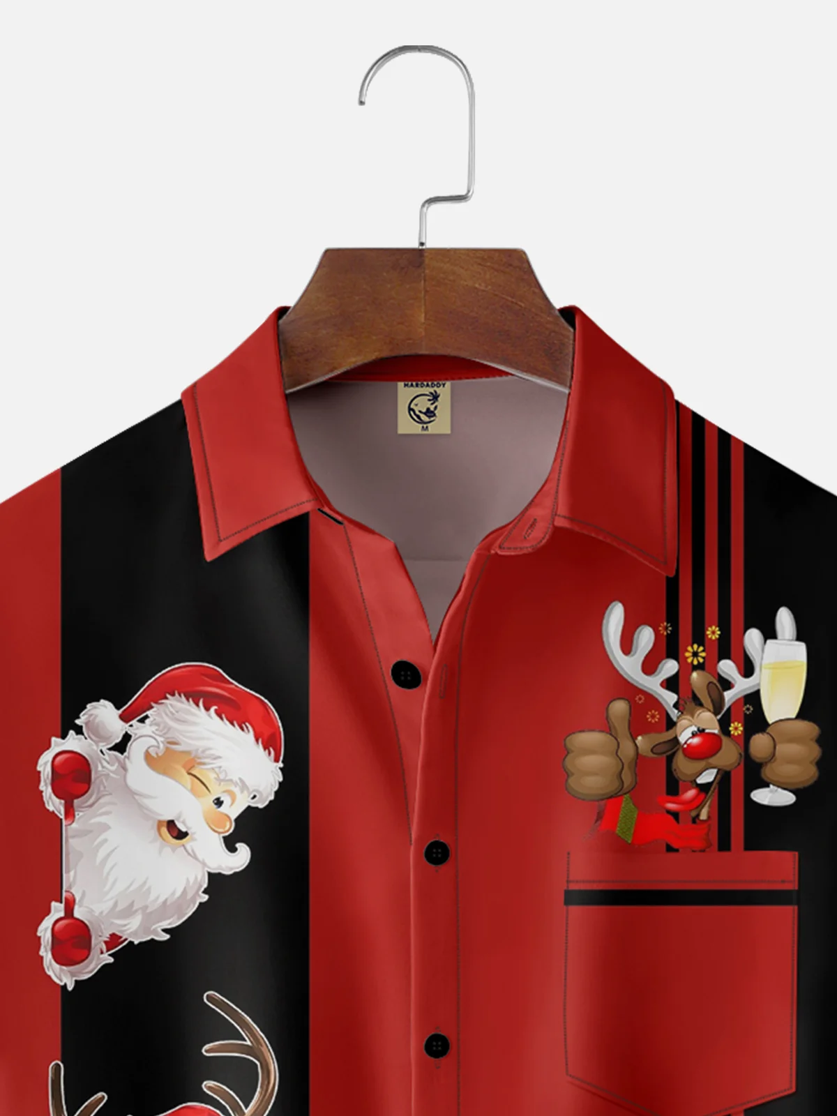 Moisture-wicking Christmas Santa Claus Elk Chest Pocket Bowling Shirt