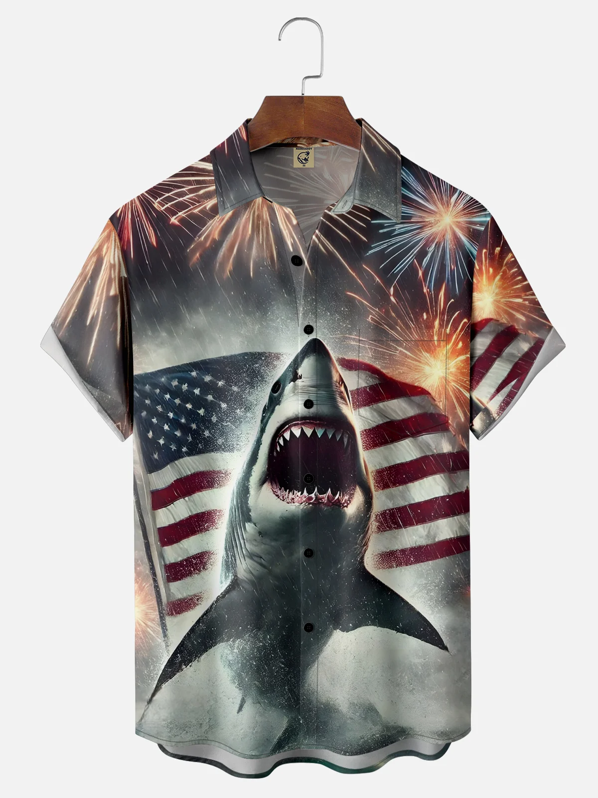 Moisture-wicking American Flag Shark Fireworks Chest Pocket Hawaiian shirts