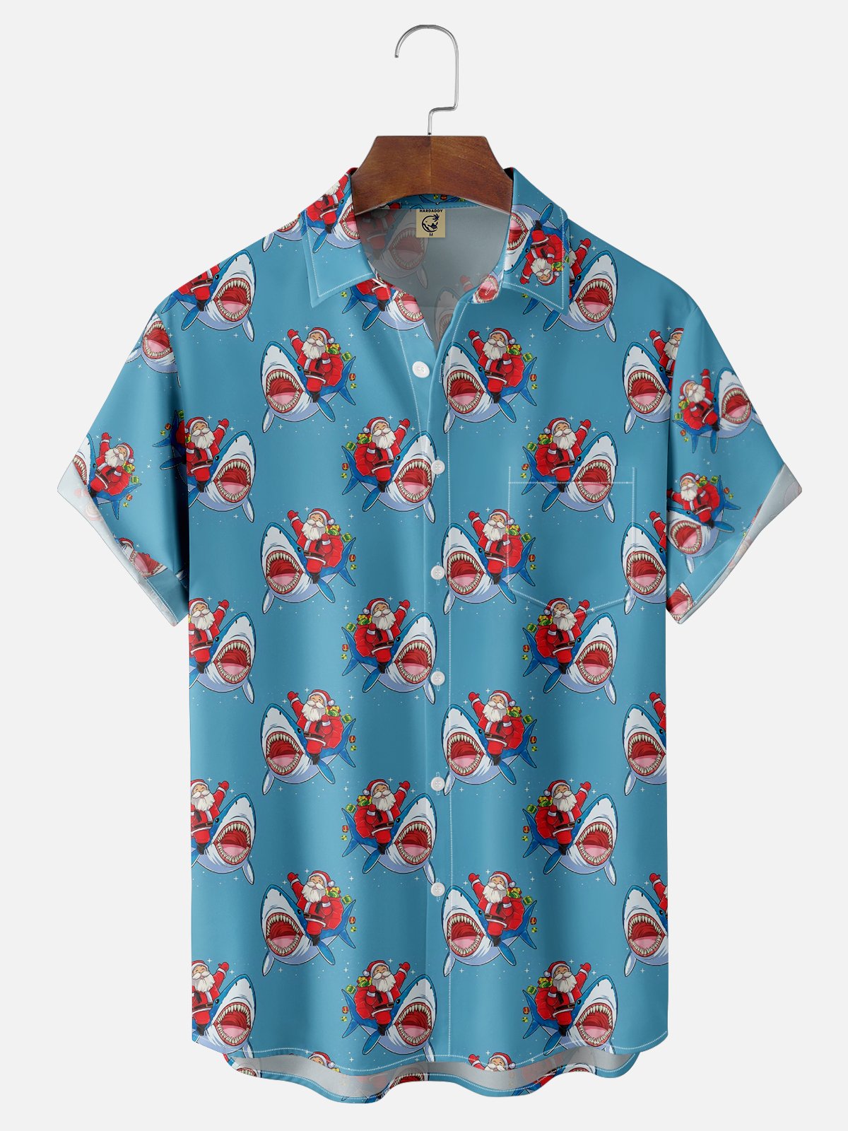 Moisture-wicking Christmas Santa Claus Shark Chest Pocket Casual Shirt