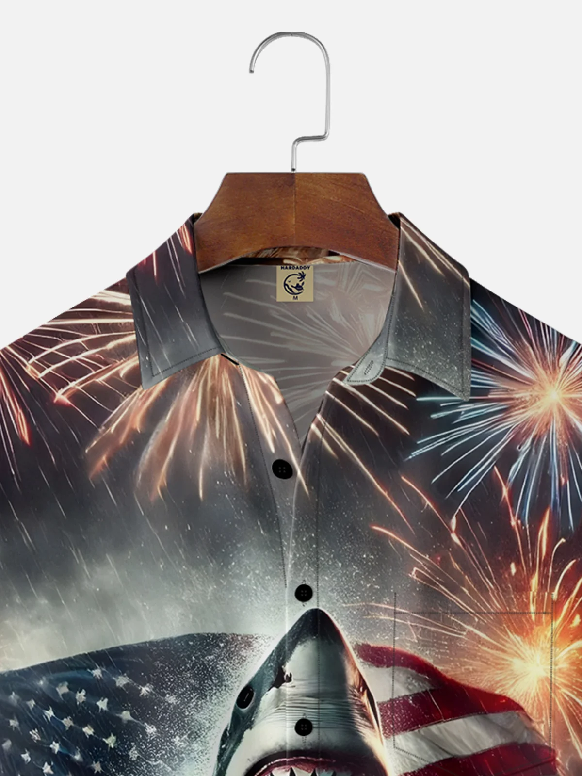 Moisture-wicking American Flag Shark Fireworks Chest Pocket Hawaiian shirts