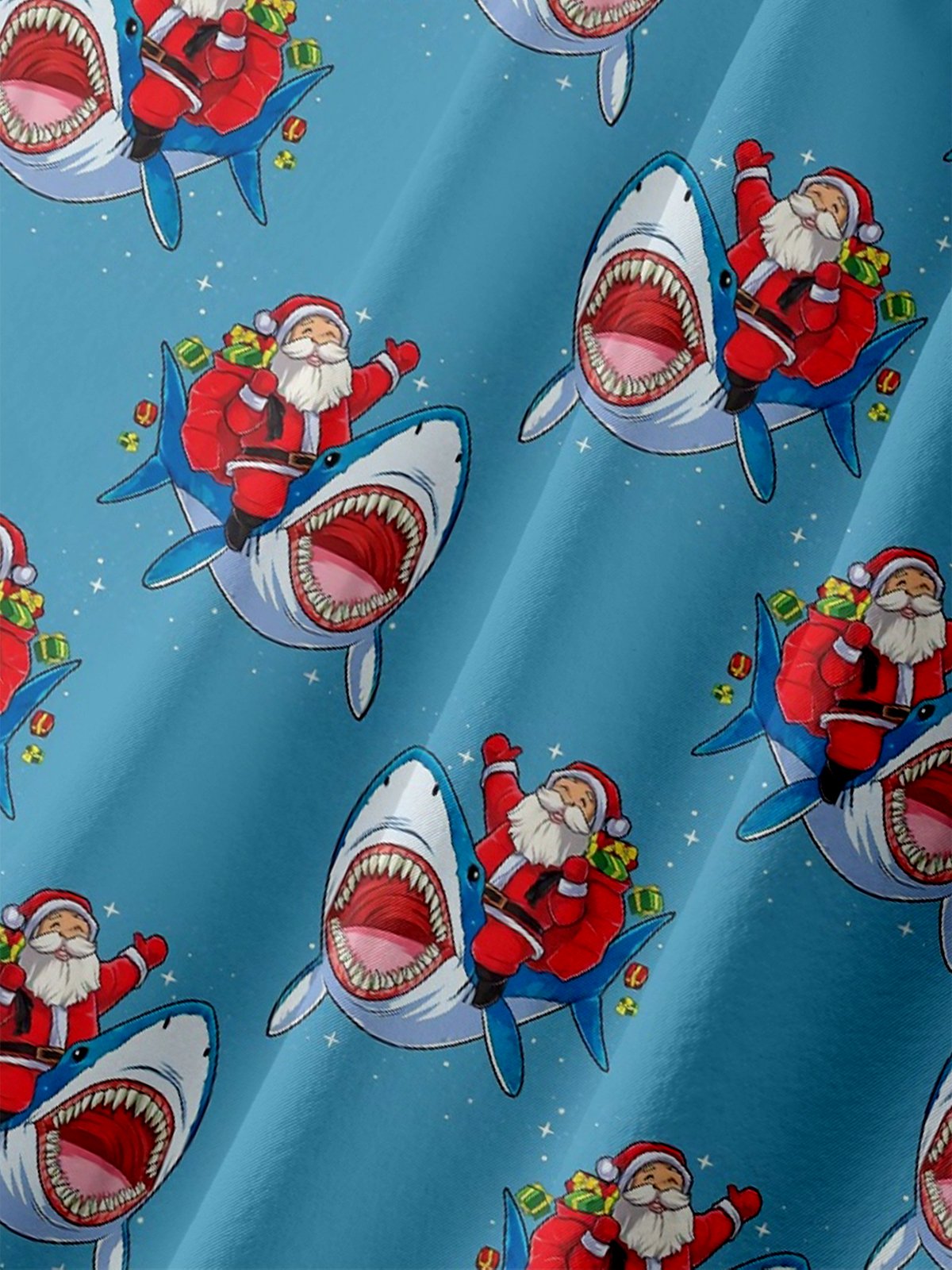 Moisture-wicking Christmas Santa Claus Shark Chest Pocket Casual Shirt