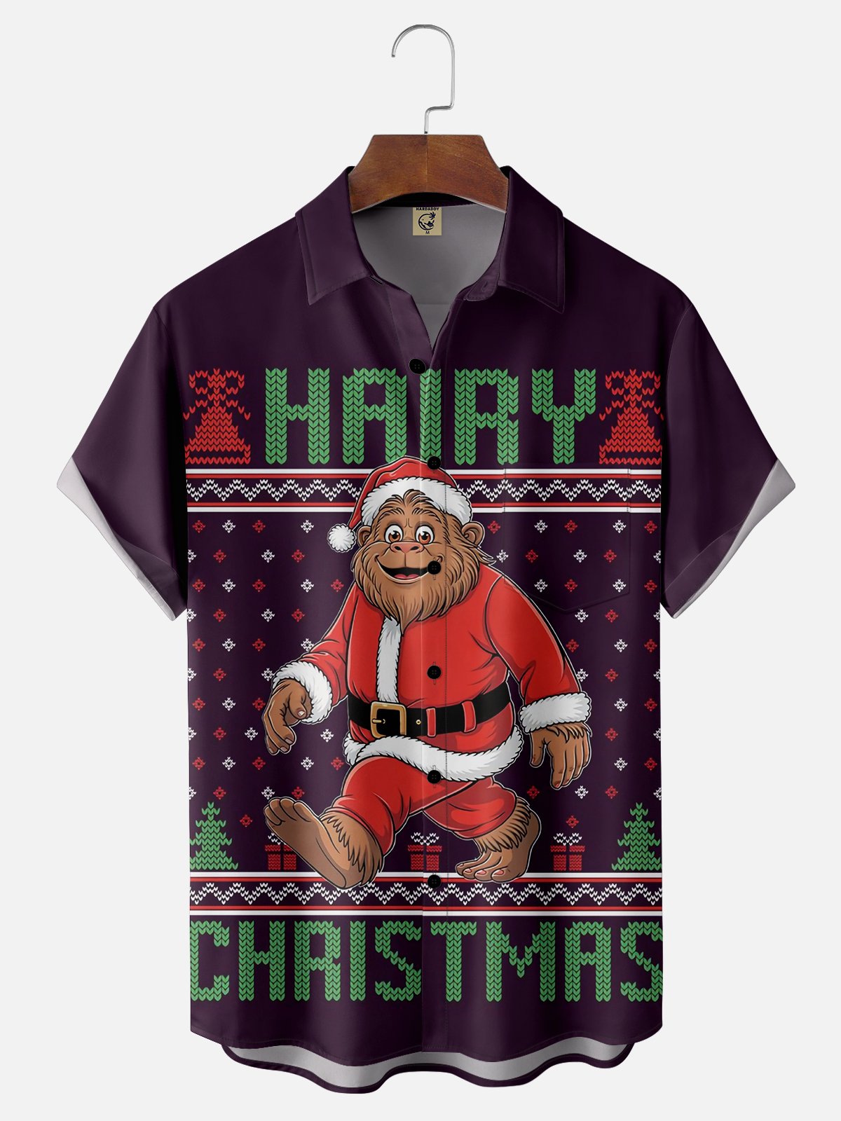 Moisture-wicking Christmas Santa Claus Bigfoot Chest Pocket Casual Shirt