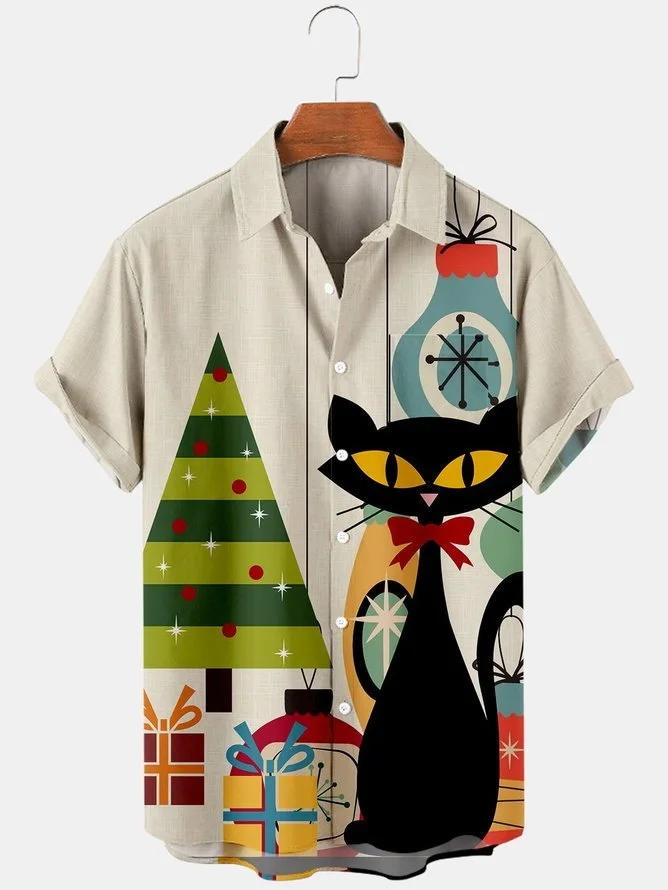 Tall Size Moisture-wicking Christmas Cat Chest Pocket Hawaiian Shirt