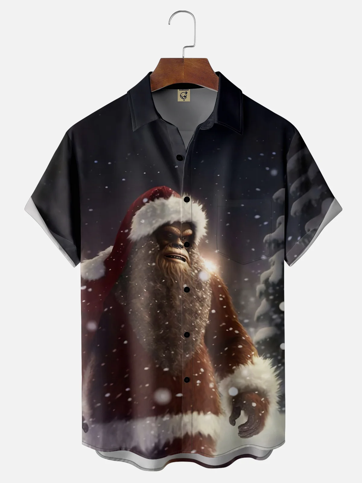 Moisture-wicking Christmas Santa Claus Bigfoot Chest Pocket Casual Shirt