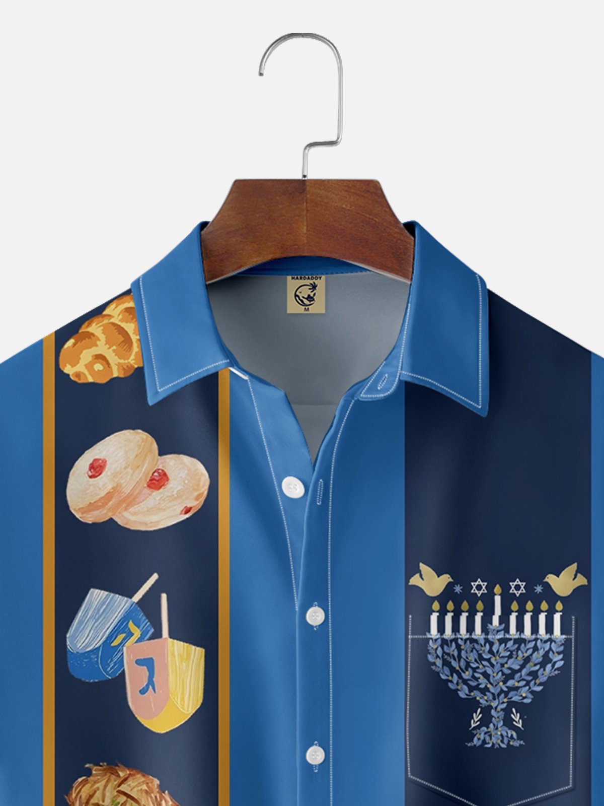 Moisture-wicking Hanukkah Menorah Chest Pocket Bowling Shirt