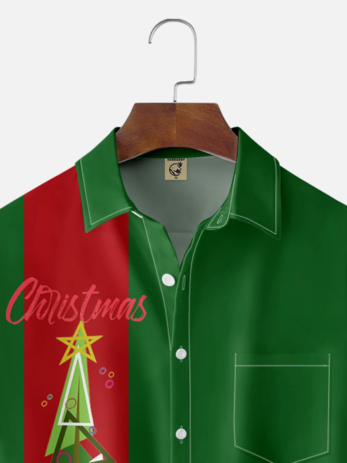 Moisture Wicking Christmas Tree Chest Pocket Bowling Shirt