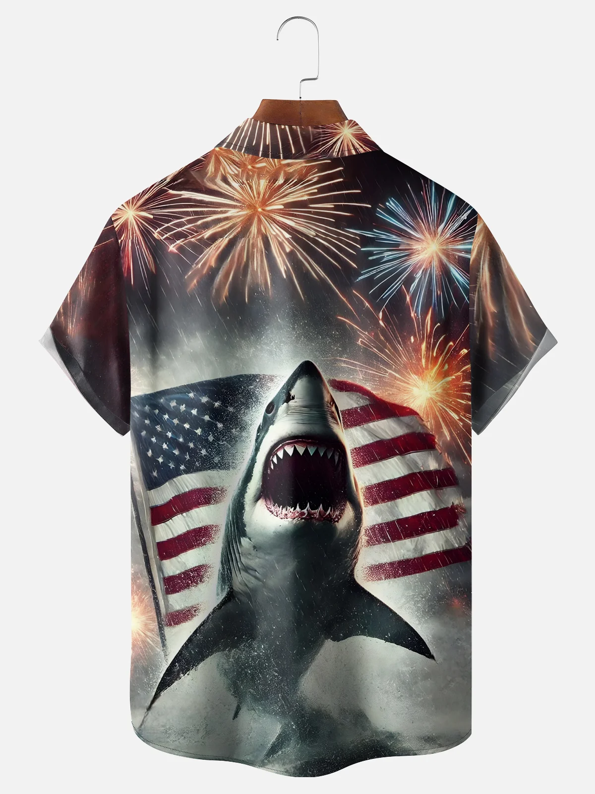 Moisture-wicking American Flag Shark Fireworks Chest Pocket Hawaiian shirts