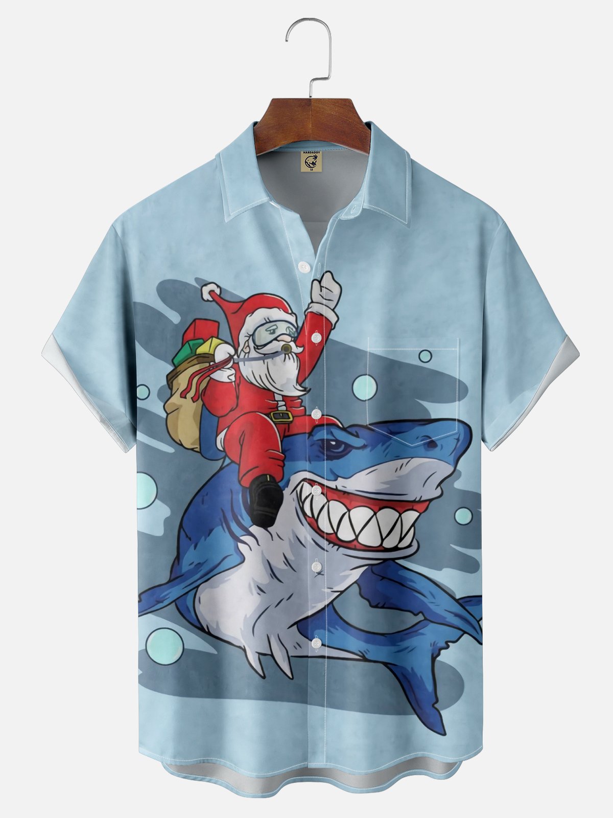 Moisture-wicking Christmas Santa Claus Shark Chest Pocket Casual Shirt