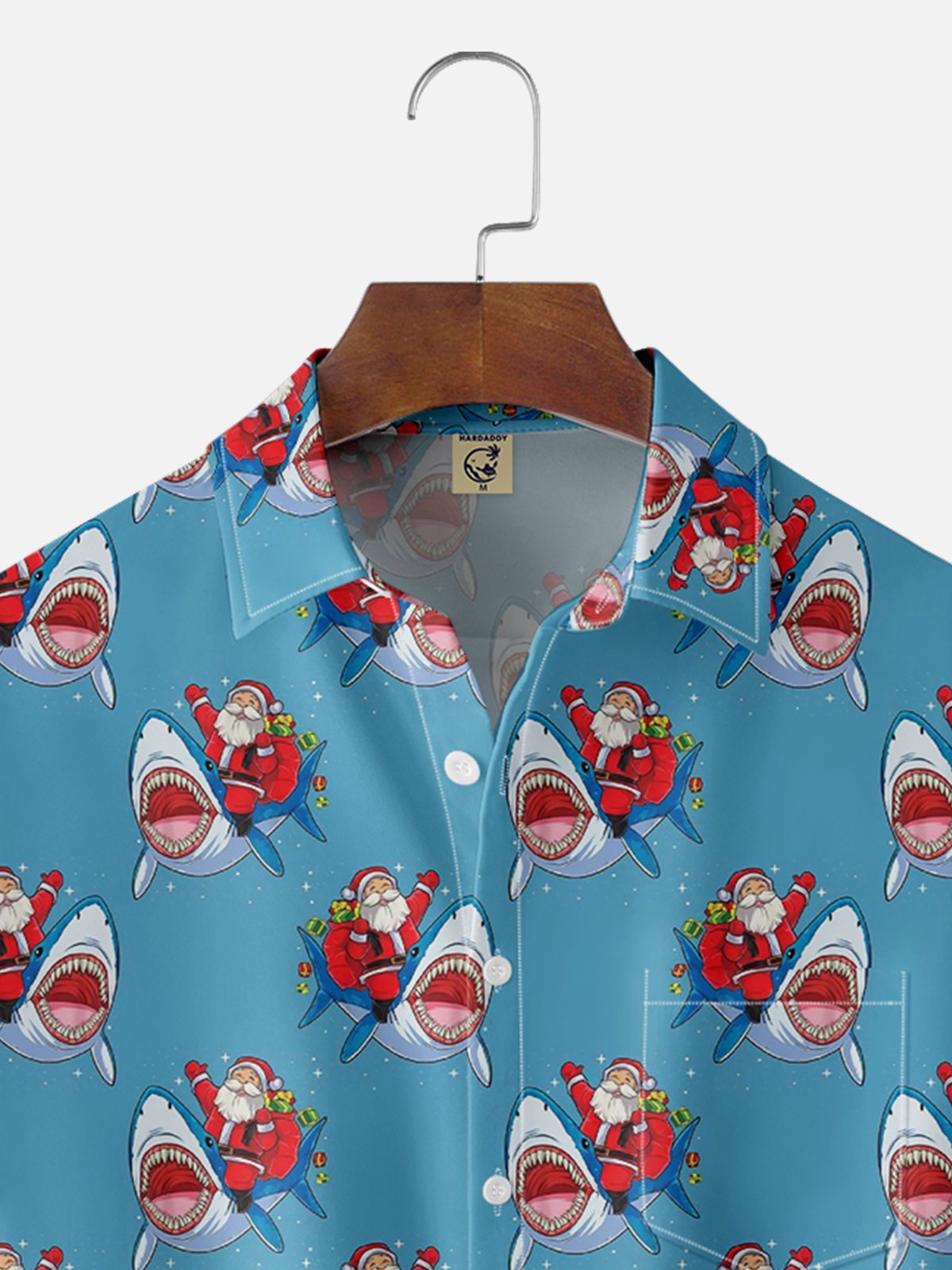 Moisture-wicking Christmas Santa Claus Shark Chest Pocket Casual Shirt