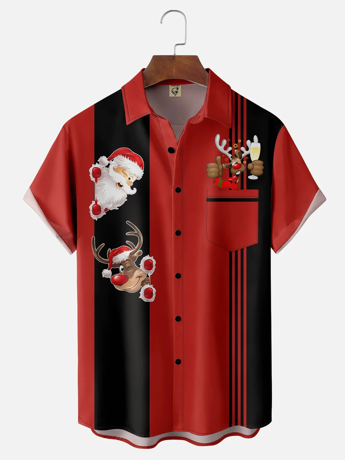 Moisture-wicking Christmas Santa Claus Elk Chest Pocket Bowling Shirt